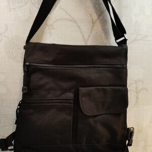 Men's Black Heavy Canvas Messenger Fold-Over Bag with Multiple Front Pockets